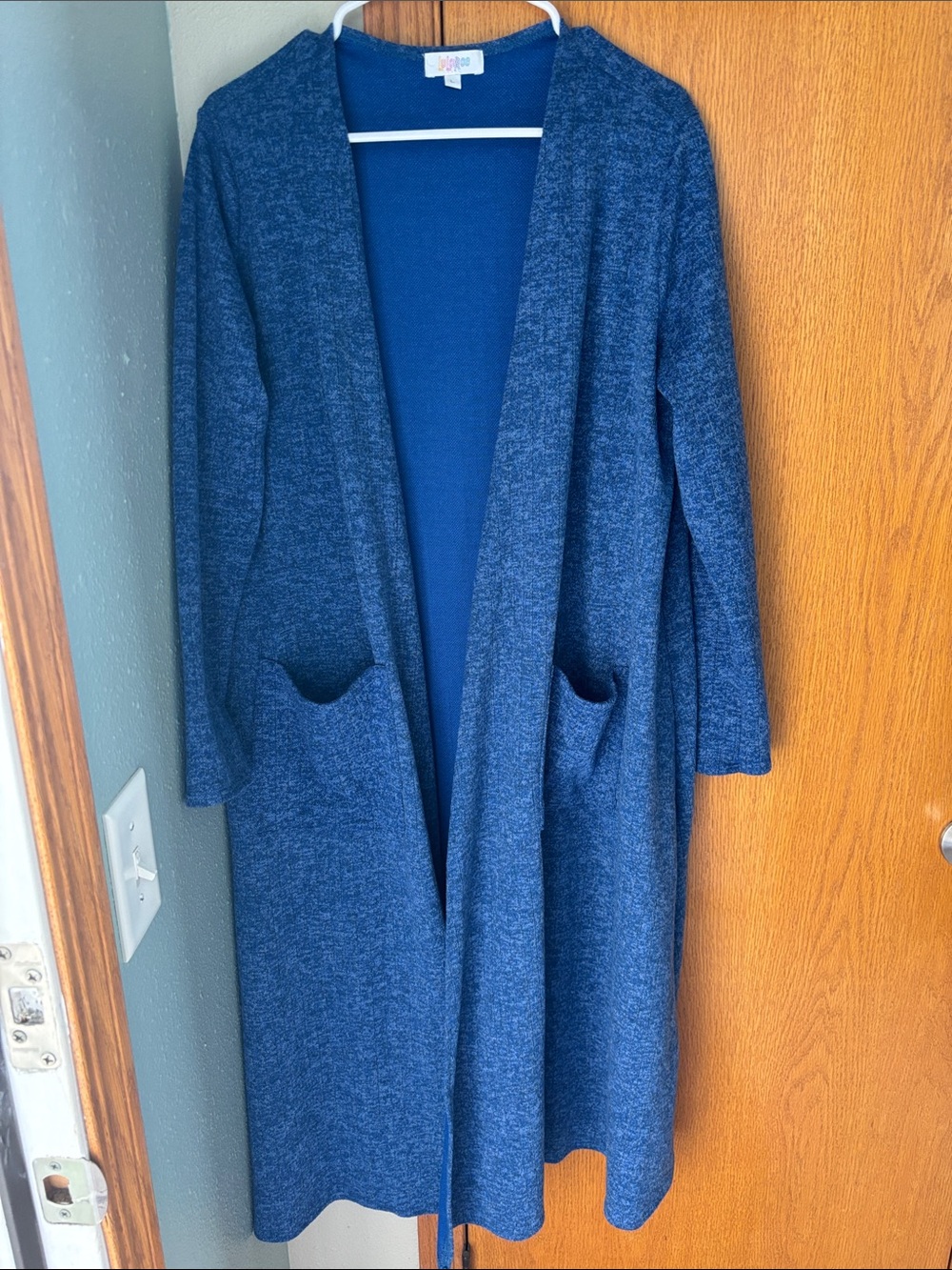LuLaRoe Long Open-Front Duster Cardigan in Heathered Blue